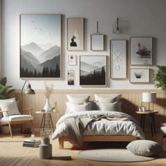 Bedroom sets have template mockup poster empty white with Bedroom interior and chairs and a table image art realistic photo.