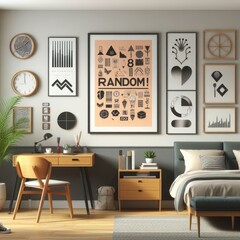Bedroom sets have template mockup poster empty white with Bedroom interior and desk and pictures on the wall art realistic photo has illustrative meaning card design.
