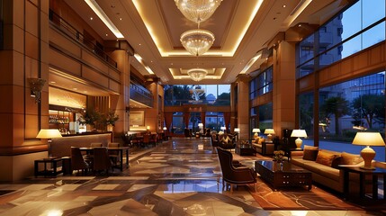 a luxurious hotel lobby and bar interiors of five star hotel interior