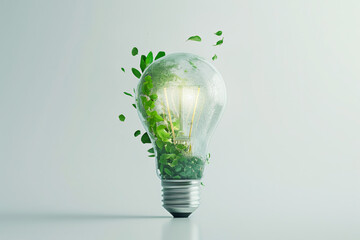 A light bulb with green leaves growing inside symbolizing eco-friendly and sustainable energy concepts