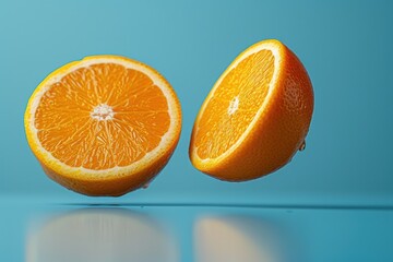 Juicy orange half on vibrant blue, fresh citrus fruit floating