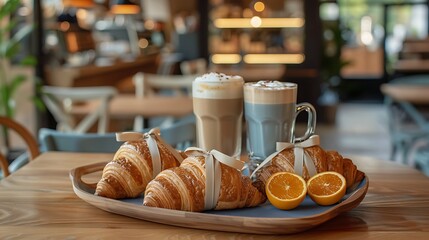 A tray on a table in a coffee shop with three fresh croissants wrapped with a beige ribbon a glass of blue matcha and a glass of latte with orange slices