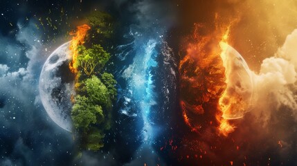 Matter. The five fundamental elements of nature: Water, Fire, Earth, Space and Creation. Natural elements. Abstract image.