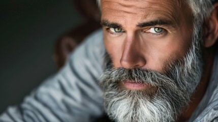 Men Grey Hair. The Beauty of Ageing: Photogenic Man with Grey Hair and Bristle