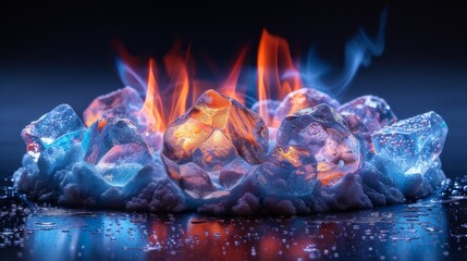 Ice cubes, Ice, behind which there is a fire, flame, on a black background. Confrontation between ice and fire. Ice against fire.