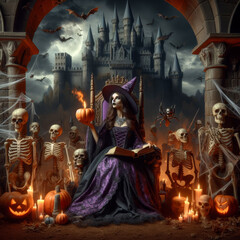 Skeletons, chkrkpa and bats next to a witch who sits on a throne in an ancient castle holding a Halloween pumpkin in her hand.