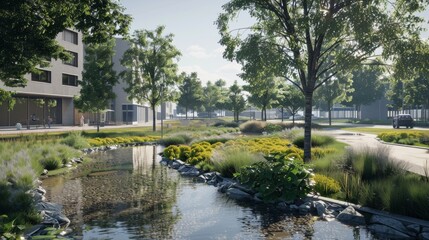 The photo shows a beautiful park with a pond, trees, and flowers. The park is located near a modern residential building.