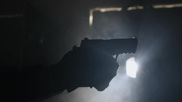 Weapon gun shots. Close-up scene. 
