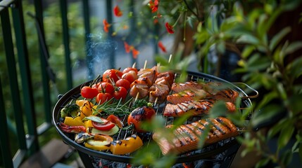 Naklejka premium bbq with salmon meat and vegetables on the balcony