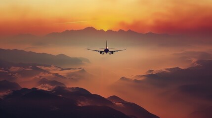 Private jet or plane flying over clouds during sunset, orange sky, business travel and tourism concept - Powered by Adobe