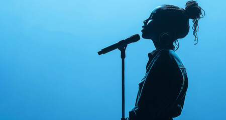 Silhouette of young female singer with microphone against blue background. Profile view captures serene and soulful expression during performance