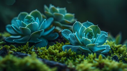 Lush Green Succulent Garden Close-Up. A close-up image showcasing a variety of succulents with rich green and blue tones, highlighting the intricate details and textures of the plants.
