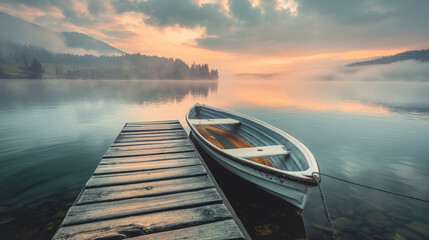 Fototapeta premium Old wooden boat moored at a jetty on a tranquil lake at sunrise. Misty morning and soft light evoke a peaceful, reflective mood