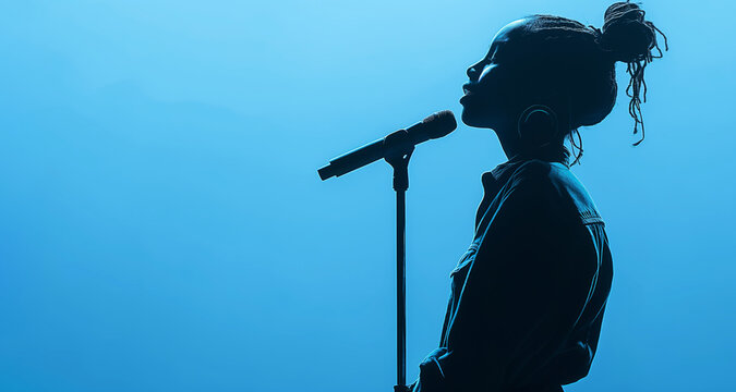 Silhouette of young female singer with microphone against blue background. Profile view captures serene and soulful expression during performance