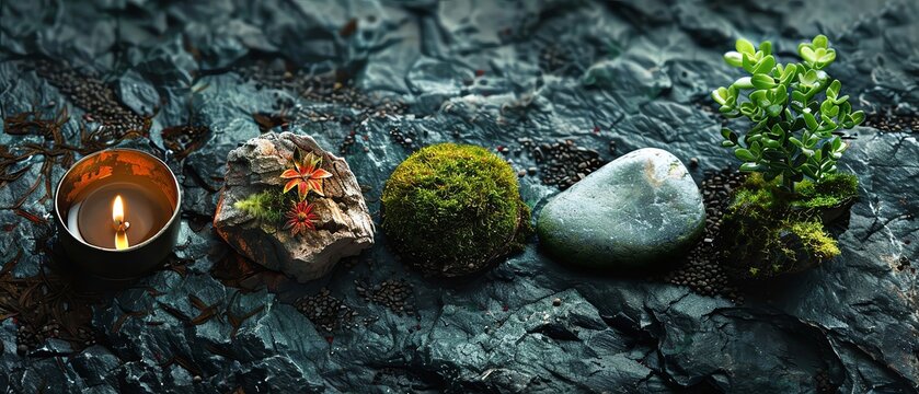 Creative still life arrangement of objects representing the five elements of nature, with ample copy space for text on an isolated background.