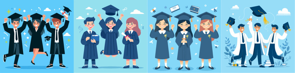 collection of people Cheerful Graduation Celebration. flat vector illustration