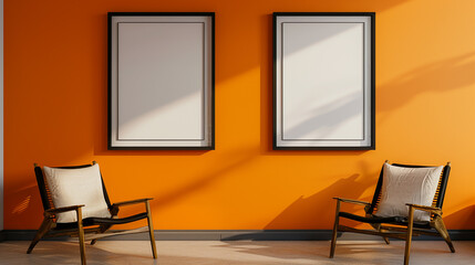 Soft ambient light falling on two black frame mockups on an orange wall, highlighting intricate details, with sleek wooden chairs adding modern flair.