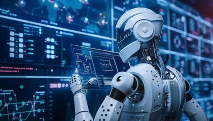 Fototapeta premium A robot is looking at a computer screen with a lot of numbers and graphs by AI generated image