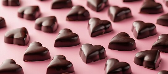 Dark chocolate hearts on pink background with copy space for Valentine's Day celebration.