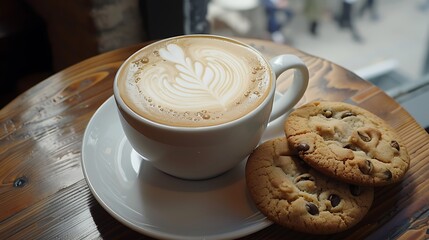 Close up view of a hot latte with a crispy cookie on the side in a local coffee shop