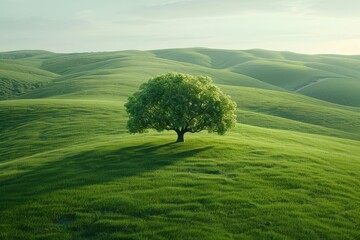 A solitary tree stands on the lush, undulating hills bathed in the soft light of early morning, creating a serene and picturesque landscape.
