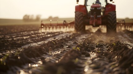 Modern Agriculture: Red Tractor Plowing Fertile Soil at Sunrise/Sunset in Rural Farmland - Farming...