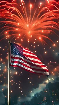 Fireworks explode behind waving American flag. 4th of July celebration. 