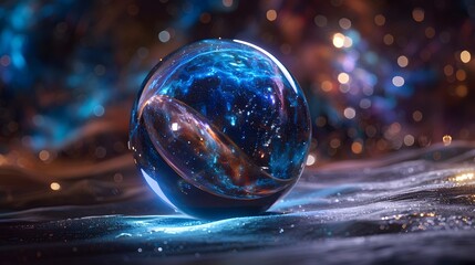 Crystal ball in space background filled with cosmic stars, planets, galaxies.