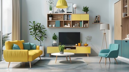 Creative and modern vintage living room interior design with yellow sofa and turquoisre kitchen cabinets lamella wall with tv bookcase and chest of drawers
