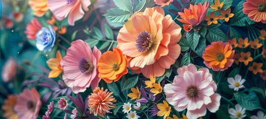 A colorful paper craft flower bouquet with leaves. 3d render, This image showcases a stunning array of handcrafted paper flowers in a variety of colors and styles.