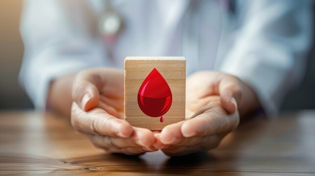 A doctor s hands delicately cradle a red blood drop symbol on a wooden block symbolizing World Blood Donor Day and the life saving act of donating blood - Powered by Adobe
