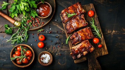 Delicious barbecued ribs seasoned with a spicy basting sauce and served with chopped fresh vegetables on an old rustic wooden chopping board in a country kitchen top view