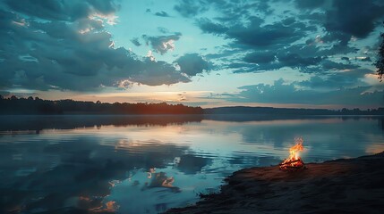 Serene image of a calm lake reflecting the sky, surrounded by earthen trails, with a campfire...