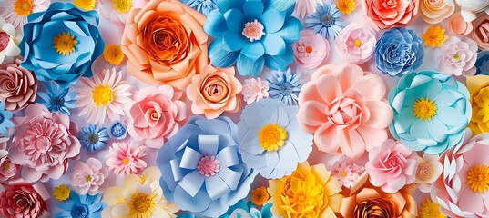 A colorful paper craft flower bouquet with a variety of colors. 3d render, This image showcases a stunning array of handcrafted paper flowers in a variety of colors and styles.