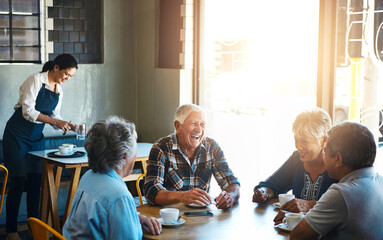 Mature, friends and group relax at coffee shop on holiday or reunion on vacation in retirement....