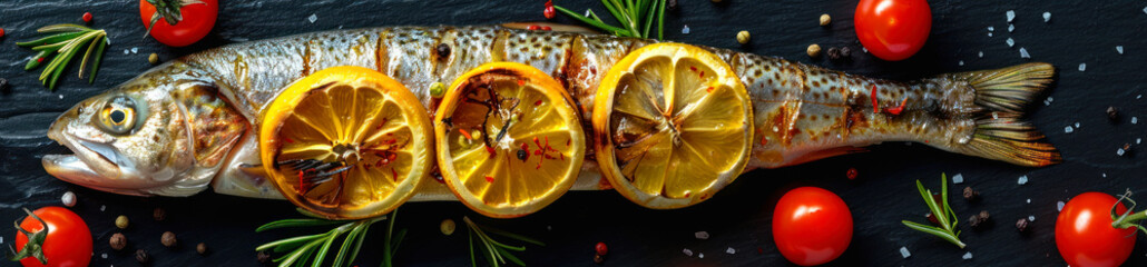 Panorama photo of a grilled fish