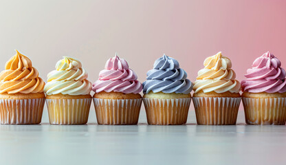Colorful cupcakes elegant with glossy icing light reflective surface. Background, place for text