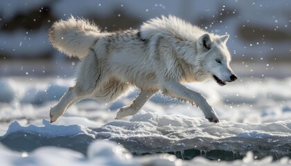 An arctic wolf leaping gracefully across a crackling ice floe, its powerful muscles propelling it forward