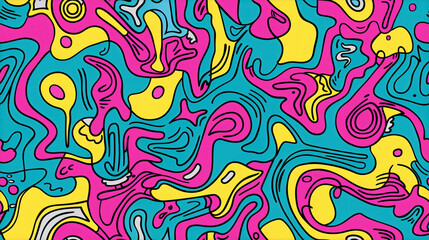 Bright seamless pattern. Abstract background. Groovy style. The concept of holiday, fun, freedom. Design for postcards, flyers, banners, prints for fabric.