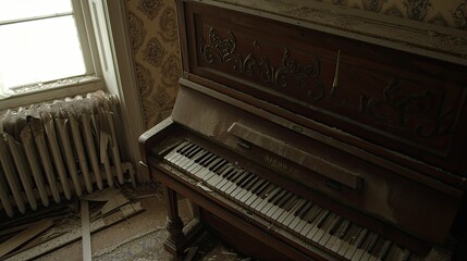 Fototapeta na wymiar A forgotten melody lingers in the air, as the abandoned piano whispers tales of lost music and faded dreams