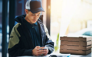 Office, delivery and man with pizza and phone for distribution, online order and courier service in...