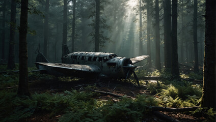 A wrecked plane lies abandoned in the middle of a deep spooky forest wit