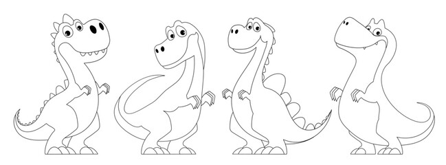 Set of cute dinosaurs, black lines coloring book. A funny and amusing dinosaur with a quirky look and yellow scales poses. Prehistoric, primitive animal depicted for children, cards and prints.