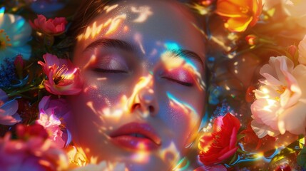 Kobieta leży na ziemi wśród kwiatów, ma zamknięte oczy