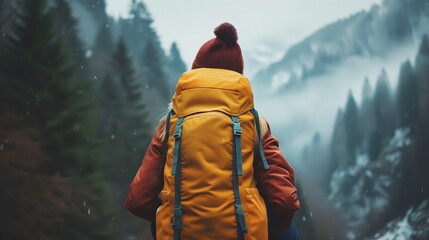 Osoba w żółtym plecaku spaceruje po zimowym krajobrazie, pozostawiając ślady stóp w śniegu