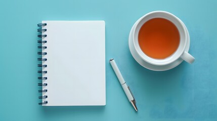 A pen and a cup of tea sit on a wooden table. Concept of relaxation and contemplation. Creative Workspace with Tea and Notebook on Blue Wooden Background