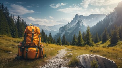 Na zielonym polu leży żółty plecak oczekujący na dalsze podróże i przygody