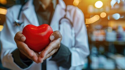 A doctor holding a red heart symbol at the hospital embodying themes of love donation World Heart Day World Health Day corporate social responsibility donations and insurance concepts