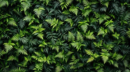 Tropical Greenery: Lush Foliage Background. A vibrant display of tropical plant leaves in rich shades of green forms a dense and textured natural backdrop.
