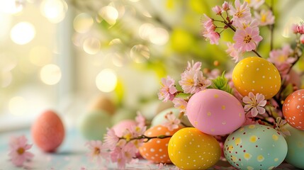 Grupa jajek ułożonych na blacie; przygotowania do świąt Wielkanocnych; jasne, pastelowe kolory jajek kontrastują z drewnianym stołem